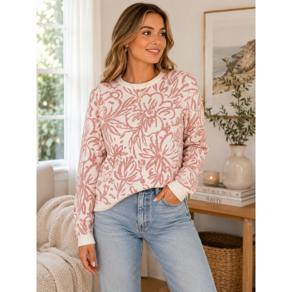Tahari Womens Floral Jacquard Crew Neck Sweater Pink White Long Sleeve Size M